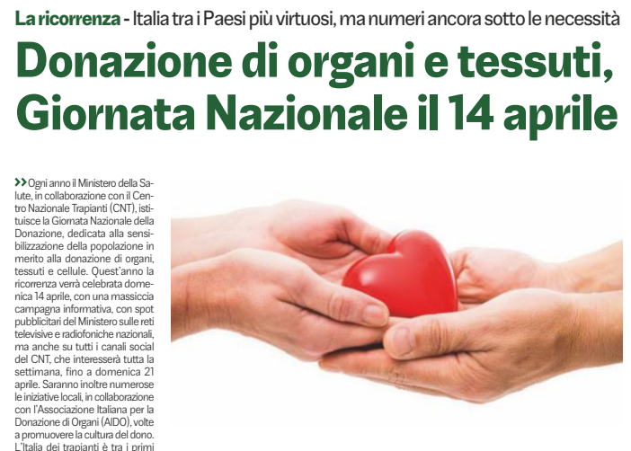 Donazione di organi e tessuti, Giornata Nazionale il 14 aprile                      