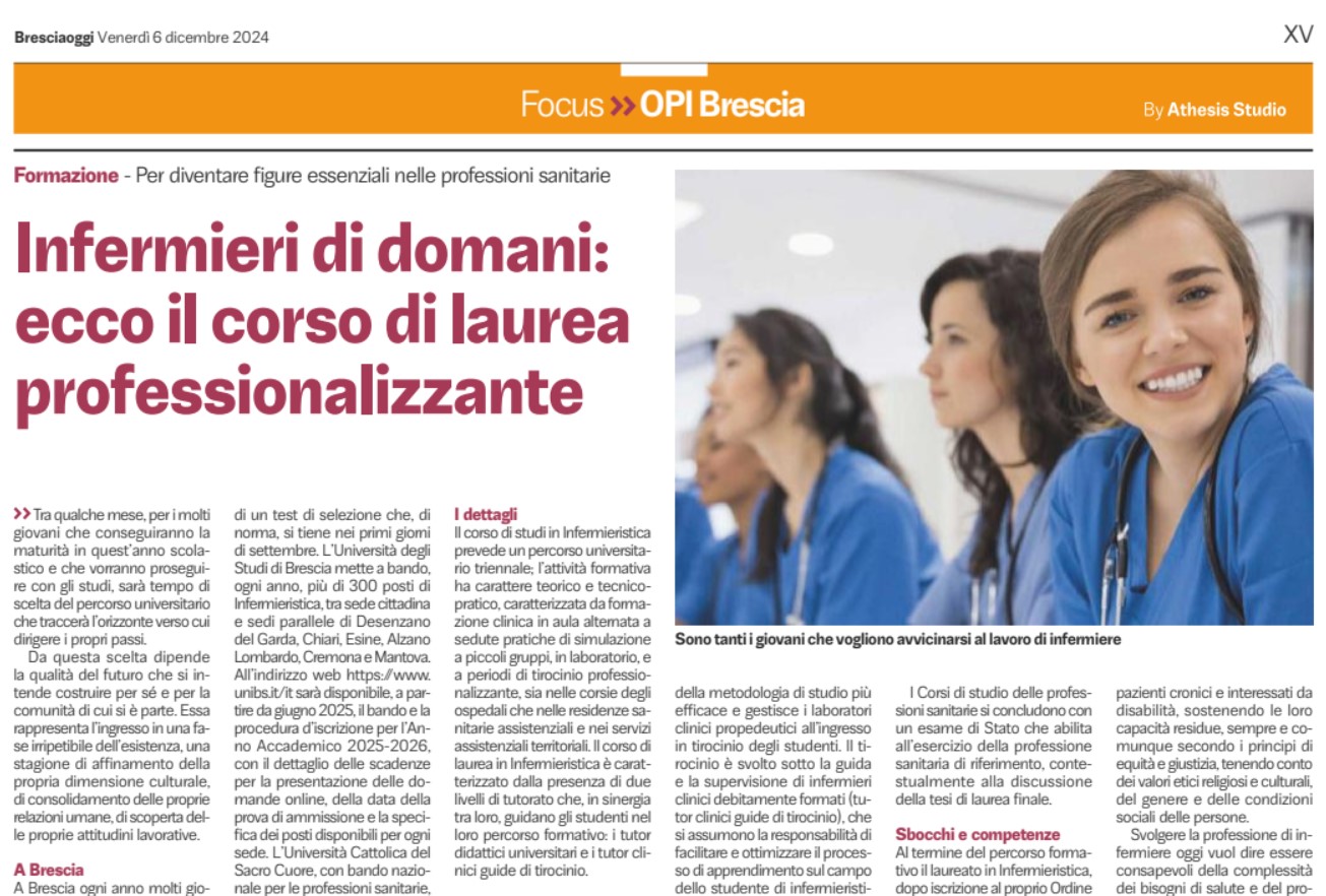 Bresciaoggi inserto Scuole: Infermieri di domani, ecco il corso di laurea professionalizzante